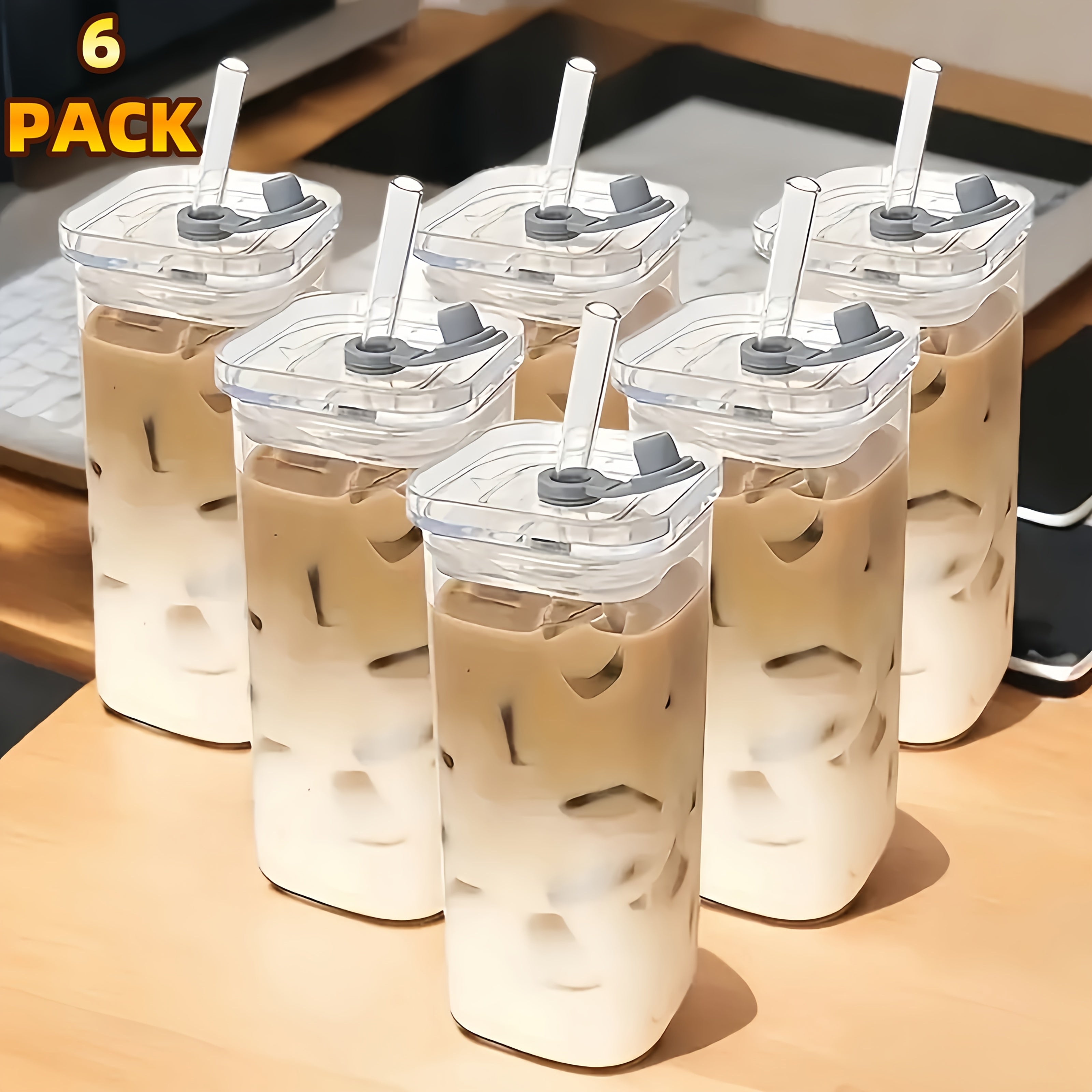 6pcs Square Lidded Glass Cups, Portable Drinking Cups, Iced Coffee Cups With Lids/straws, Father'S Day Cups, Perfect For Office, Party Supplies, Home, School, And Outdoor Use